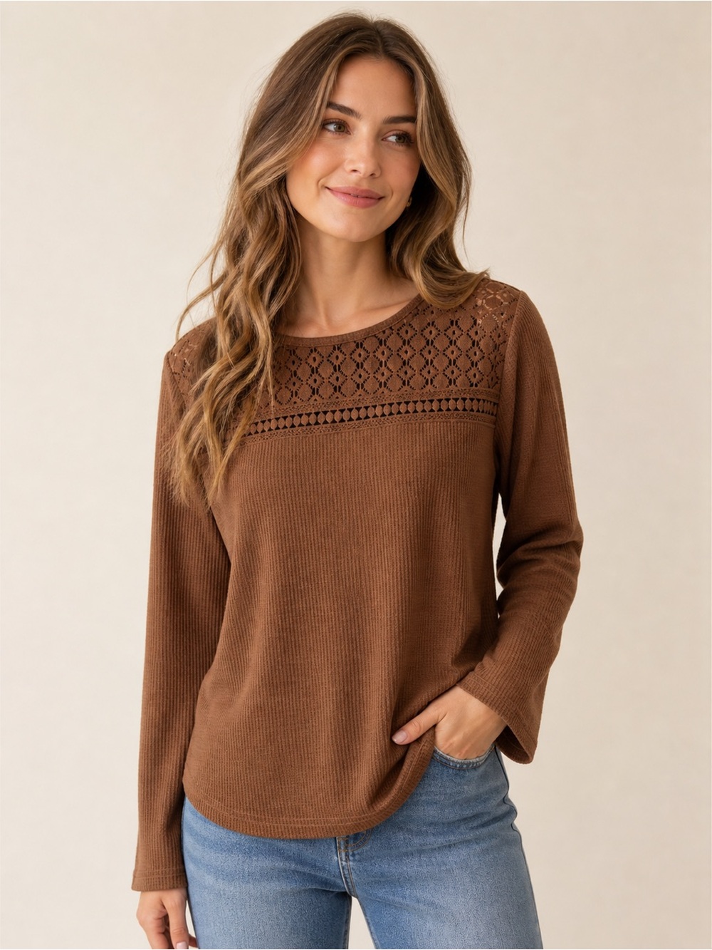 Wiholl Brown Waffle Knit Lace Yoke Top Medium Boho Casual Long Sleeve Pullover